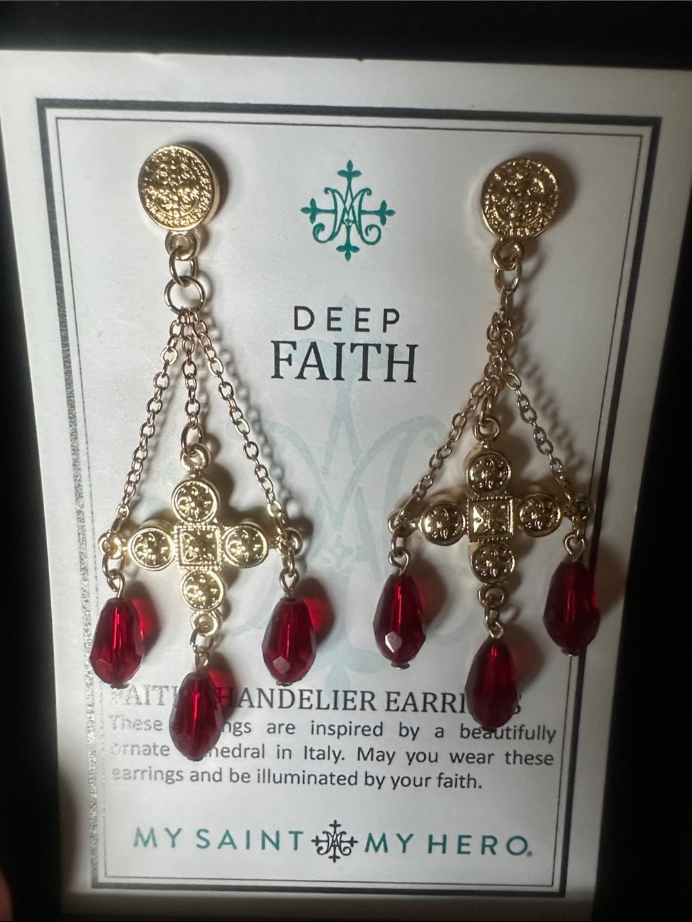 Gold Cross Drop Earrings with Red Teardrop Stones